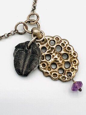 KL 925 Sterling Silver Trilobite Fossil Lotus Pod Necklace Amethyst Drop
